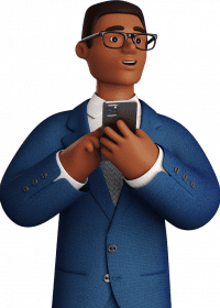 business-3d-black-businessman-in-blue-suit-with-phone-looking-aside